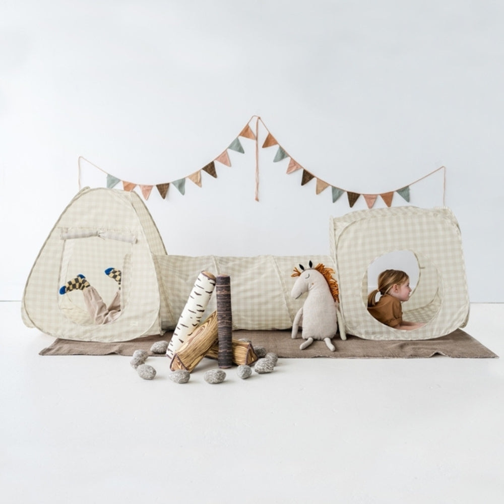 zelt baby 3 Sprouts Baby-Zelt-Set mit Tunnel 3in1 Gingham Beige – 4kidspoint